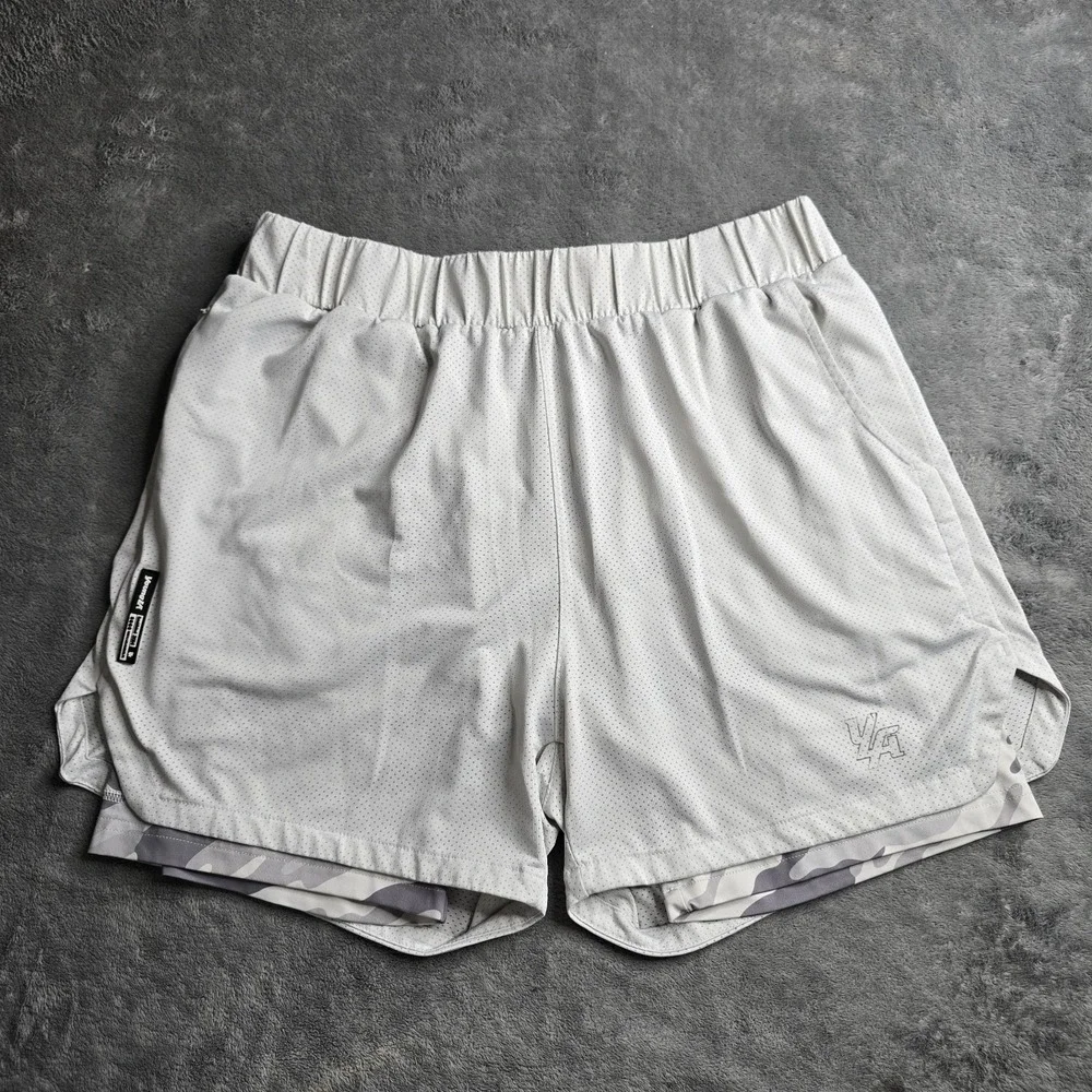 Youngla Activewear Shorts Mens XXL White Gray Compression Drawstring 4.5